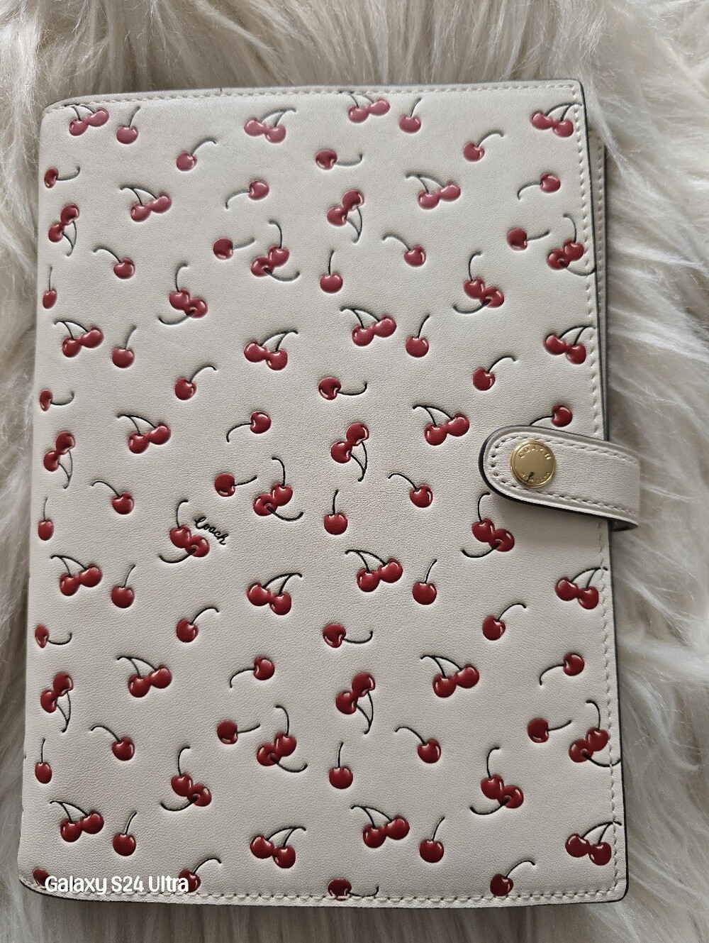Cherry-Print Leather Planner Cover NEW - White/Red